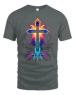 Neon Flame Cross T-Shirt Christian Faith Graphic Tee - gray t-shirt on white background