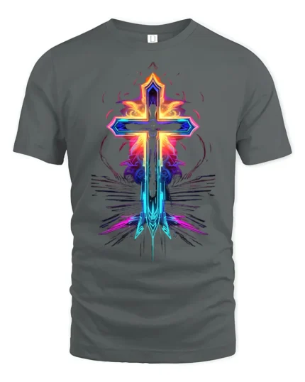Neon Flame Cross T-Shirt Christian Faith Graphic Tee - gray t-shirt on white background
