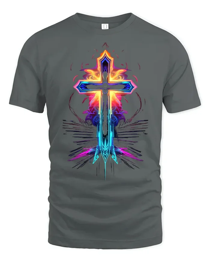 Neon Flame Cross T-Shirt Christian Faith Graphic Tee - gray t-shirt on white background