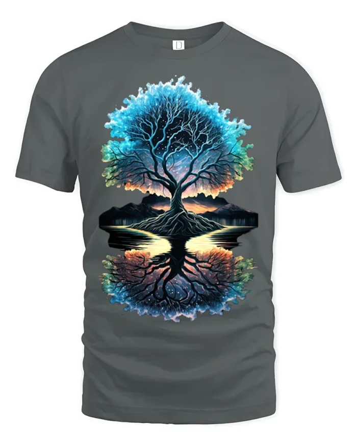Tree of Life Reflection T-Shirt Cosmic Nature Graphic Tee - gray t-shirt on white background