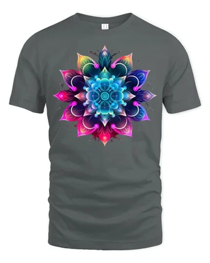 Vibrant Mandala Flower T-Shirt Spiritual Art Tee - gray t-shirt on white background