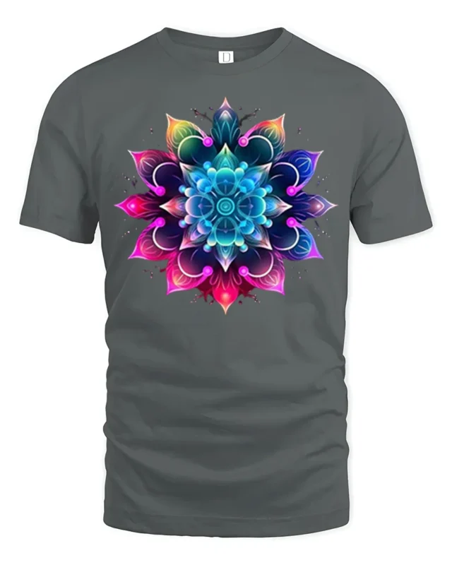 Vibrant Mandala Flower T-Shirt Spiritual Art Tee - gray t-shirt on white background