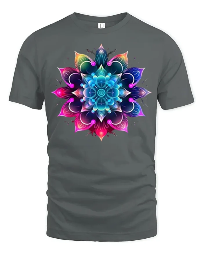 Vibrant Mandala Flower T-Shirt Spiritual Art Tee - gray t-shirt on white background