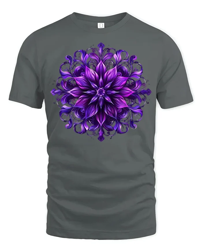 Psychedelic Floral Mandala T-Shirt  Artistic Zen Style - gray t-shirt on white background