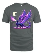 Enchanted Dragon Cat T-Shirt Moon and Magic Flame Design - gray t-shirt on white background