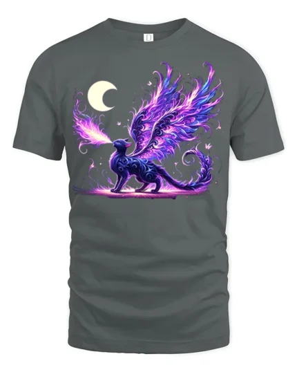 Enchanted Dragon Cat T-Shirt Moon and Magic Flame Design - gray t-shirt on white background