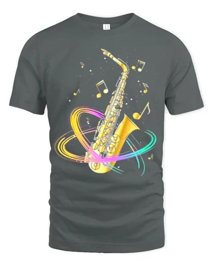Colorful Saxophone T-Shirt Musical Jazz Notes Graphic Tee - gray t-shirt on white background
