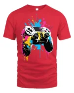 Vibrant Gamer T-Shirt with Splatter Art Controller Print - red t-shirt on white background