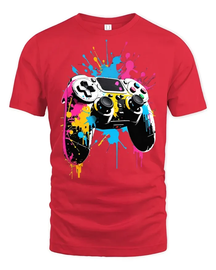 Vibrant Gamer T-Shirt with Splatter Art Controller Print - red t-shirt on white background