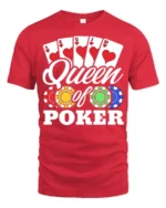 Ladies Queen of Poker T-Shirt with Chips and Card - red t-shirt on white background