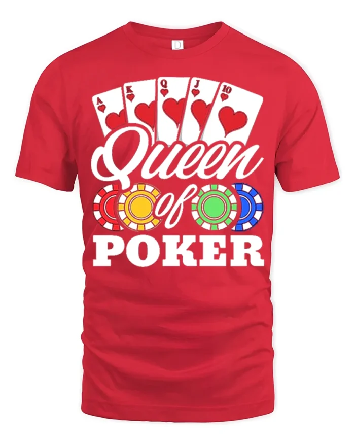 Ladies Queen of Poker T-Shirt with Chips and Card - red t-shirt on white background
