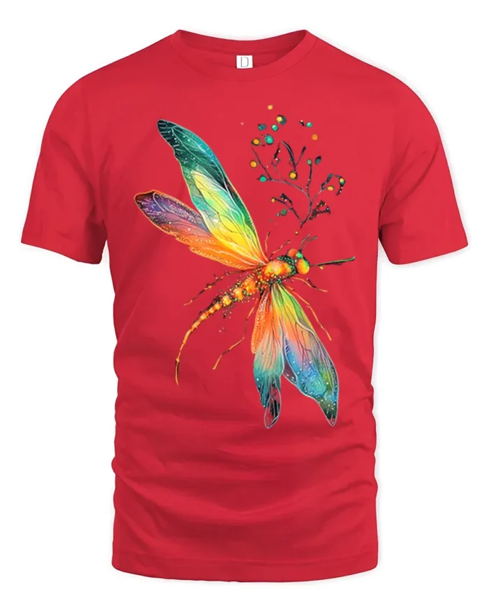 Rainbow Dragonfly T-Shirt Colorful Nature Insect Design - red t-shirt on white background