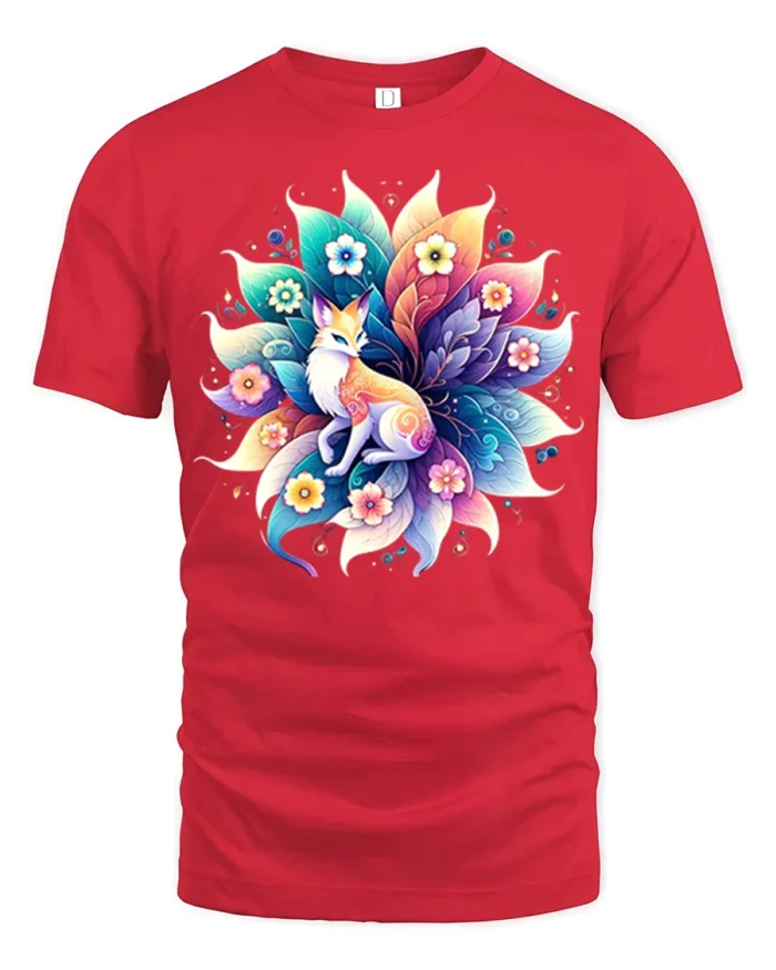 Vibrant Fox and Flowers T-Shirt Mystical Nature Art - red t-shirt on white background