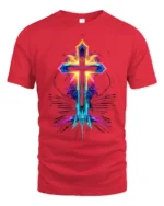 Neon Flame Cross T-Shirt Christian Faith Graphic Tee - red t-shirt on white background