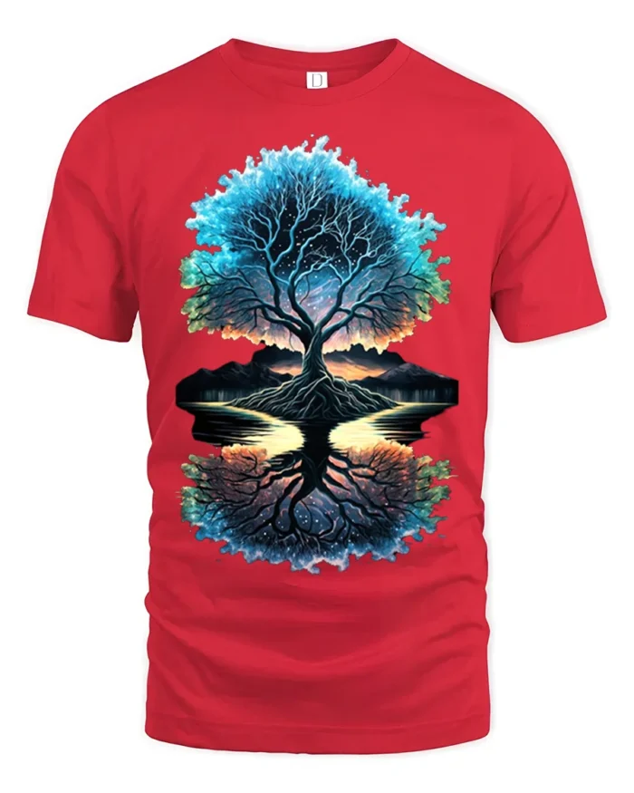 Tree of Life Reflection T-Shirt Cosmic Nature Graphic Tee - red t-shirt on white background