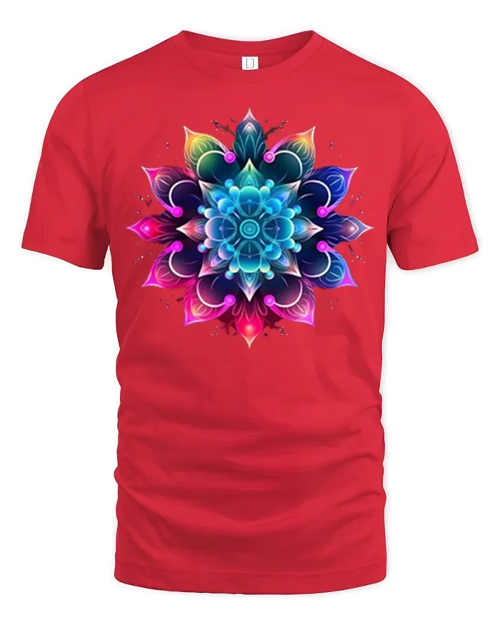 Vibrant Mandala Flower T-Shirt Spiritual Art Tee - red t-shirt on white background