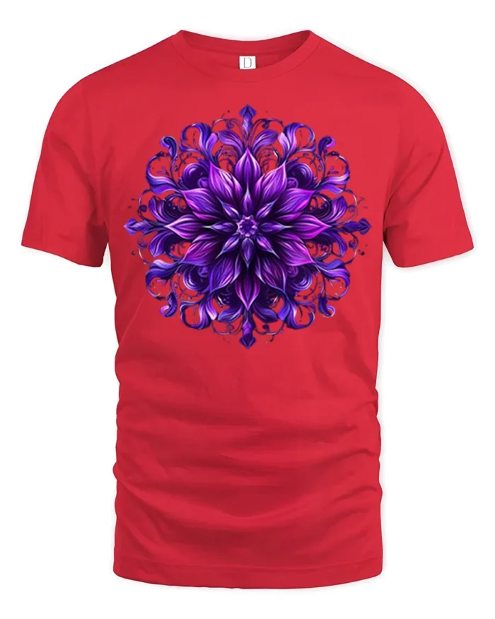 Psychedelic Floral Mandala T-Shirt  Artistic Zen Style - red t-shirt on white background