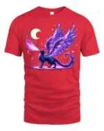 Enchanted Dragon Cat T-Shirt Moon and Magic Flame Design - red t-shirt on white background