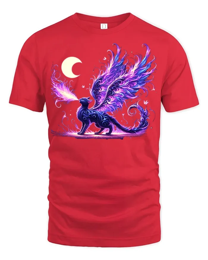 Enchanted Dragon Cat T-Shirt Moon and Magic Flame Design - red t-shirt on white background