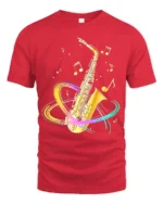 Colorful Saxophone T-Shirt Musical Jazz Notes Graphic Tee - red t-shirt on white background
