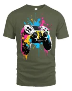 Vibrant Gamer T-Shirt with Splatter Art Controller Print - military green t-shirt on white background