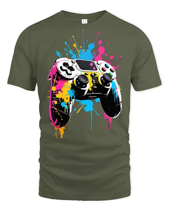 Vibrant Gamer T-Shirt with Splatter Art Controller Print - military green t-shirt on white background
