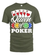 Ladies Queen of Poker T-Shirt with Chips and Card - military green t-shirt on white background