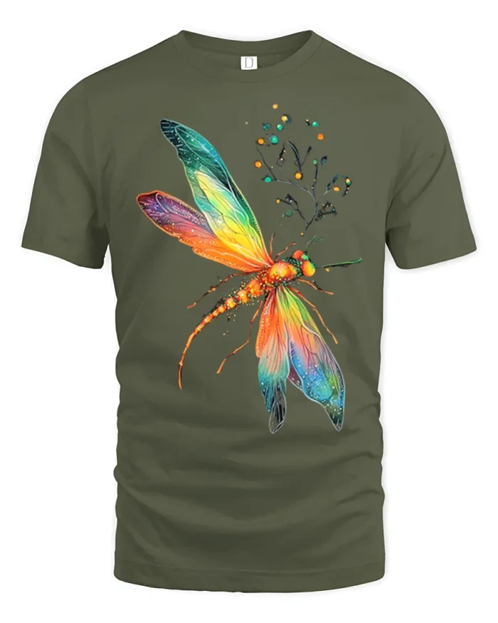 Rainbow Dragonfly T-Shirt Colorful Nature Insect Design - military green t-shirt on white background