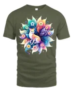 Vibrant Fox and Flowers T-Shirt Mystical Nature Art - military green t-shirt on white background