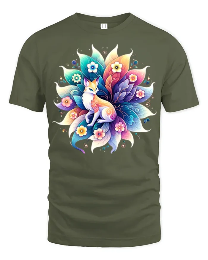 Vibrant Fox and Flowers T-Shirt Mystical Nature Art - military green t-shirt on white background