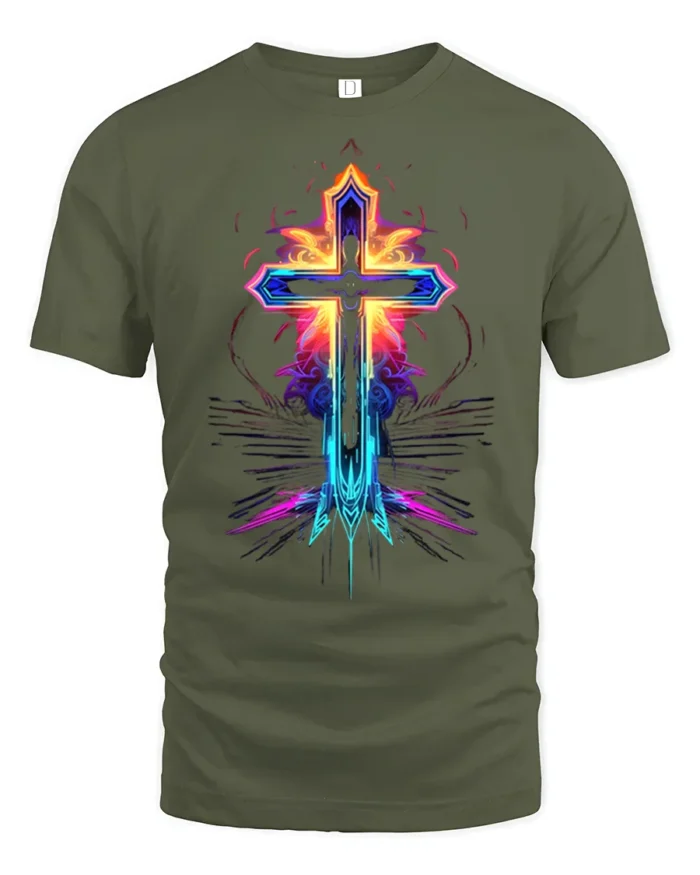 Neon Flame Cross T-Shirt Christian Faith Graphic Tee - military green t-shirt on white background