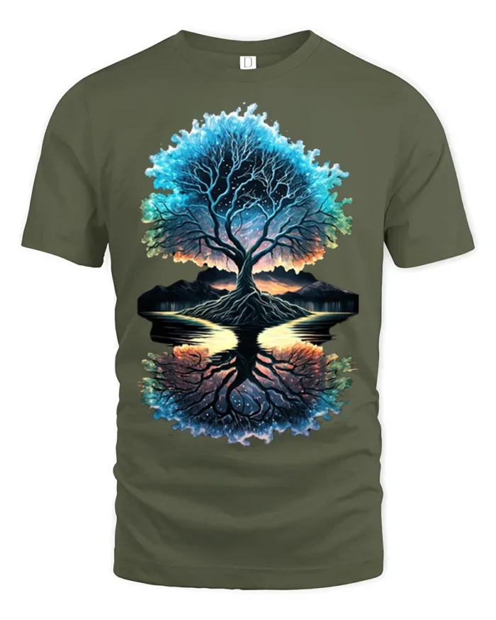 Tree of Life Reflection T-Shirt Cosmic Nature Graphic Tee - military green t-shirt on white background