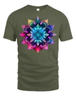 Vibrant Mandala Flower T-Shirt Spiritual Art Tee - military green t-shirt on white background