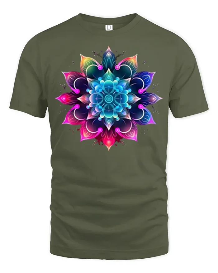 Vibrant Mandala Flower T-Shirt Spiritual Art Tee - military green t-shirt on white background