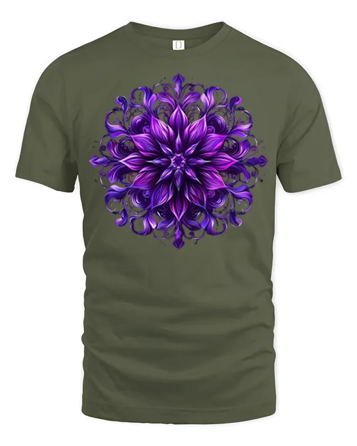 Psychedelic Floral Mandala T-Shirt  Artistic Zen Style - military green t-shirt on white background
