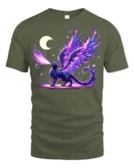 Enchanted Dragon Cat T-Shirt Moon and Magic Flame Design - military green t-shirt on white background