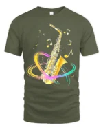 Colorful Saxophone T-Shirt Musical Jazz Notes Graphic Tee - military green t-shirt on white background