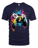 Vibrant Gamer T-Shirt with Splatter Art Controller Print - navy t-shirt on white background