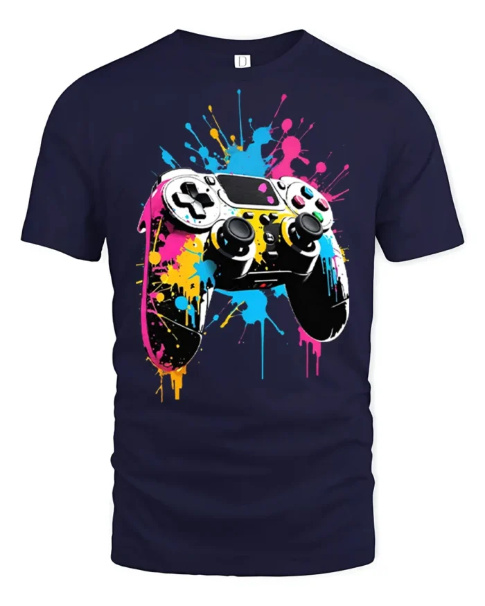 Vibrant Gamer T-Shirt with Splatter Art Controller Print - navy t-shirt on white background