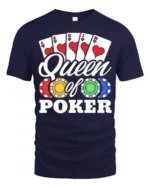 Ladies Queen of Poker T-Shirt with Chips and Card - navy t-shirt on white background