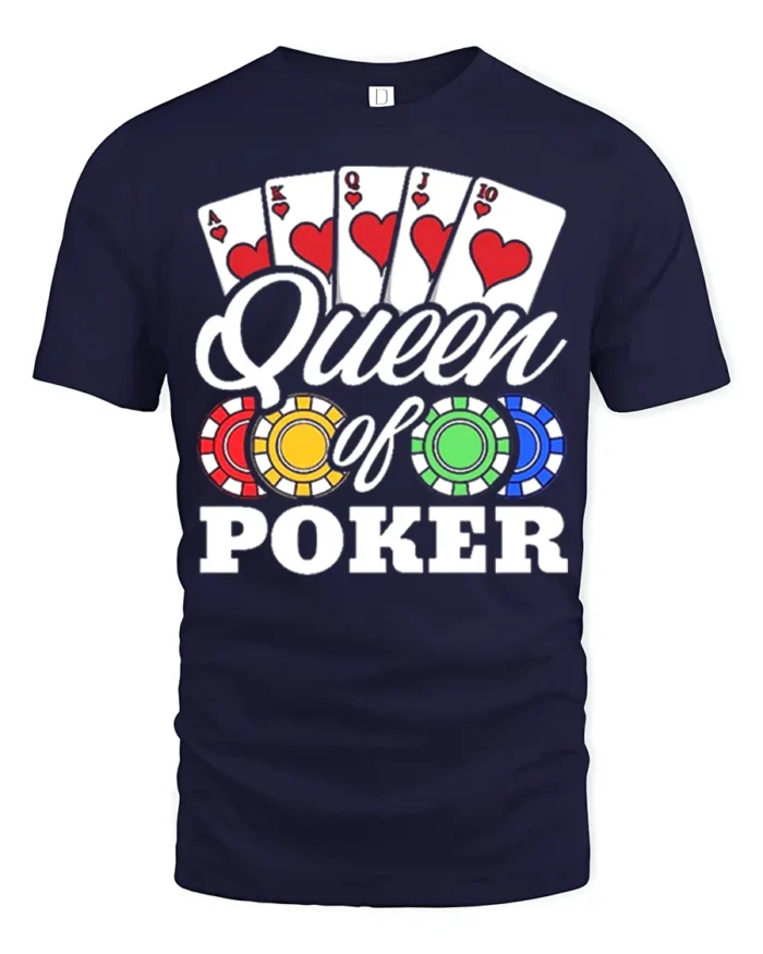 Ladies Queen of Poker T-Shirt with Chips and Card - navy t-shirt on white background