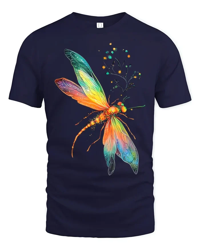 Rainbow Dragonfly T-Shirt Colorful Nature Insect Design - navy t-shirt on white background