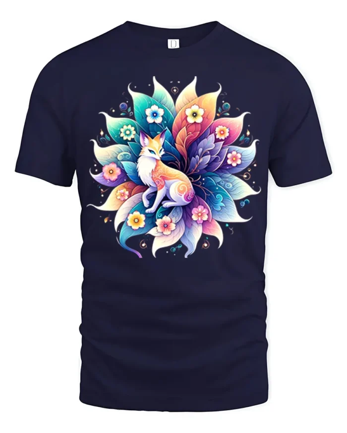 Vibrant Fox and Flowers T-Shirt Mystical Nature Art - navy t-shirt on white background