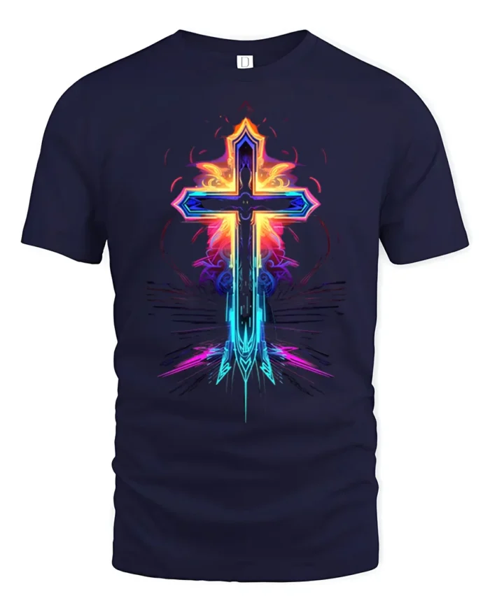 Neon Flame Cross T-Shirt Christian Faith Graphic Tee - navy t-shirt on white background
