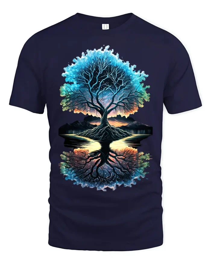 Tree of Life Reflection T-Shirt Cosmic Nature Graphic Tee - navy t-shirt on white background