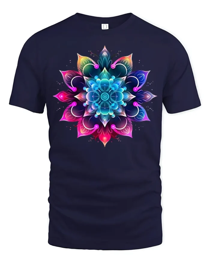 Vibrant Mandala Flower T-Shirt Spiritual Art Tee - navy t-shirt on white background