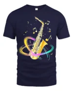 Colorful Saxophone T-Shirt Musical Jazz Notes Graphic Tee - navy t-shirt on white background