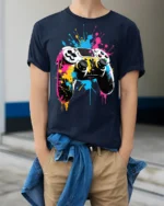 Vibrant Gamer T-Shirt with Splatter Art Controller Print - model wearing navy shirt, hands in pockets