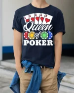 Ladies Queen of Poker T-Shirt with Chips and Card - model wearing navy shirt, hands in pockets