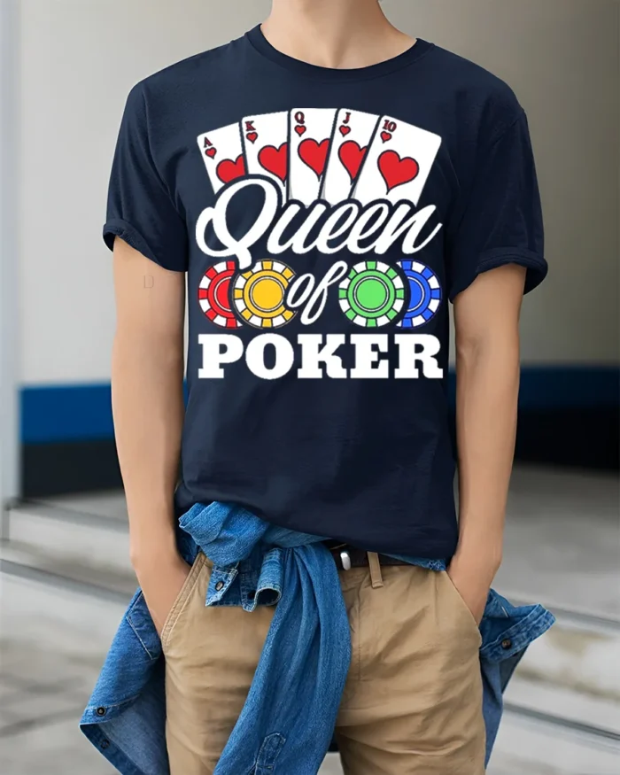 Ladies Queen of Poker T-Shirt with Chips and Card - model wearing navy shirt, hands in pockets